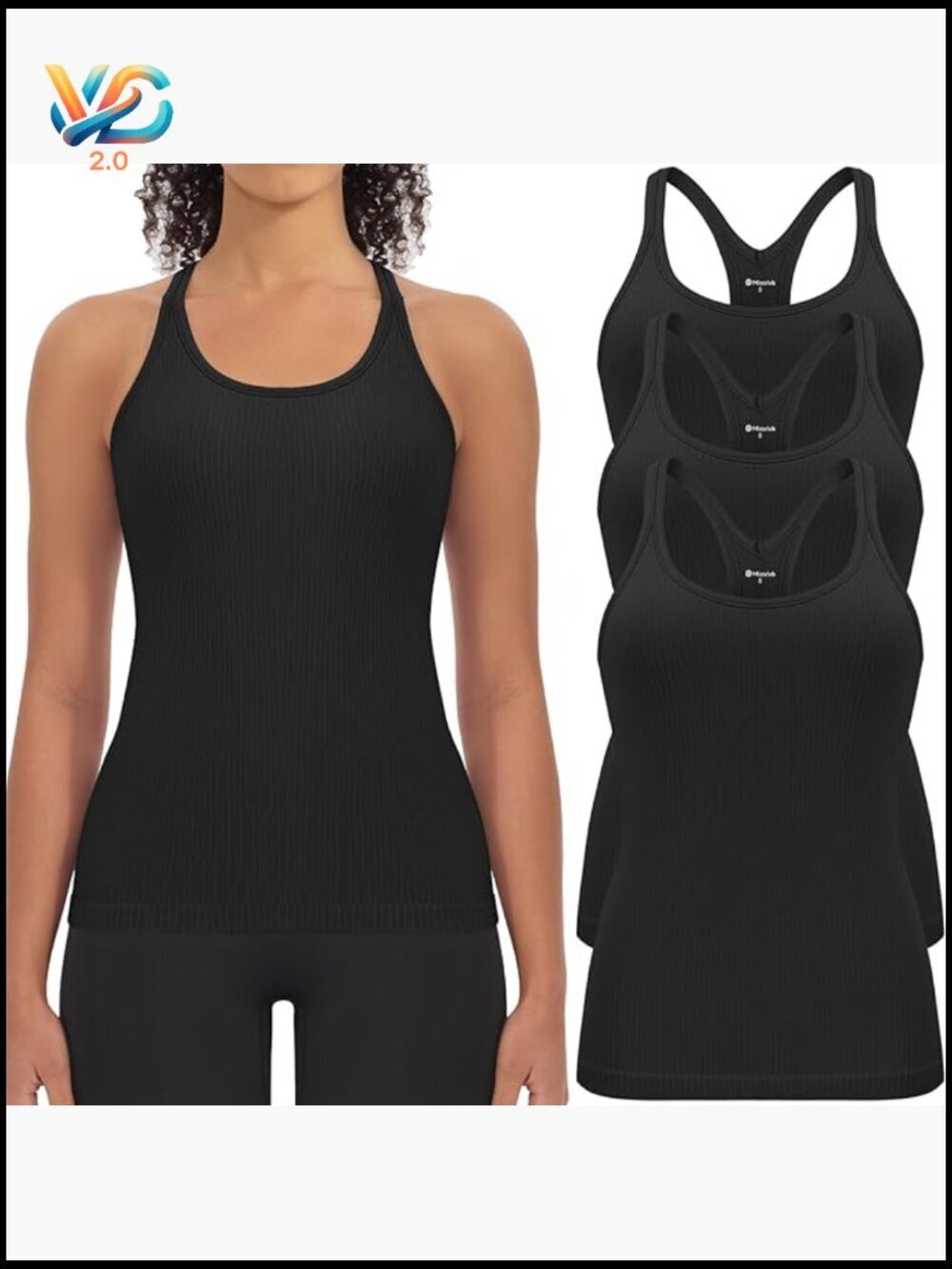 3 Pack Seamless Ribbed Tank Tops Built-In Bra Racerback Workout Gym Yoga